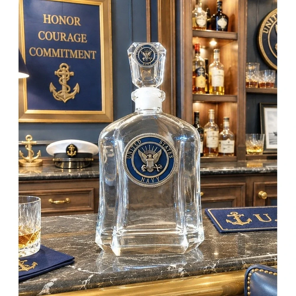 United States Navy Glass Whiskey Decanter‎ with Stopper USN Metal Emblem Clear